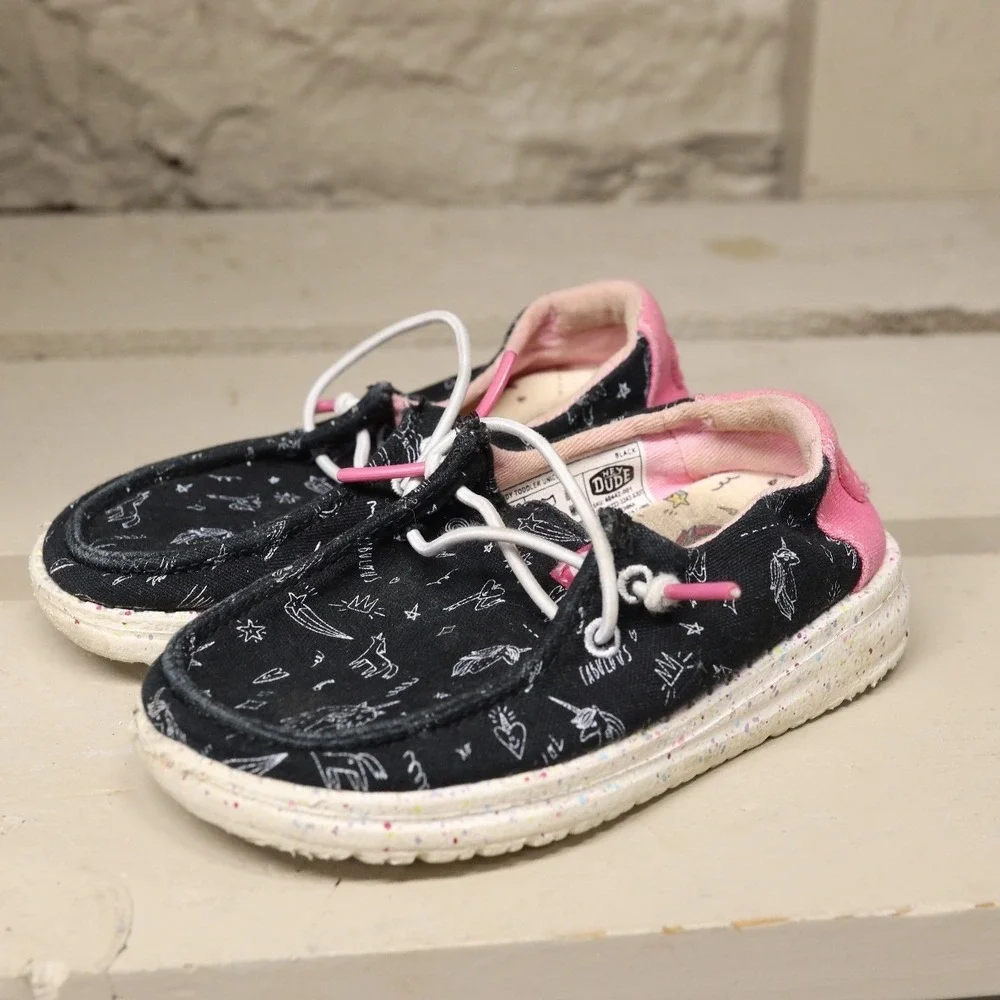 Hey Dude Wendy Toddler Unicorn Black Pink Doodle Slip On Shoes K8 40442-001